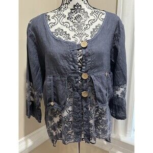 100% Linen Button Front Shacket Sz Med made in Italy Lagenlook Boho Hippie Blue